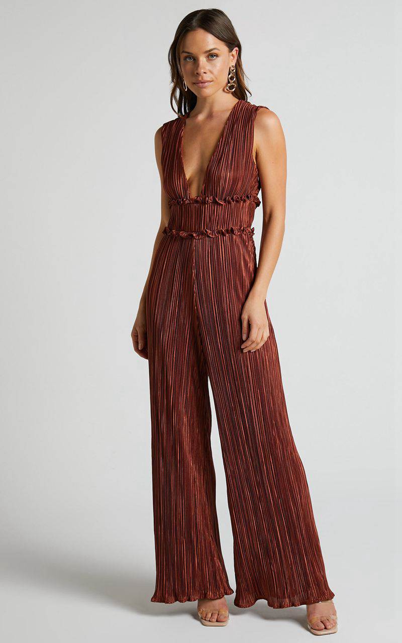 Showpo Armida Jumpsuit - Plunge Neck Wide Leg Plisse Jumpsuit Copper | PBQJOC709