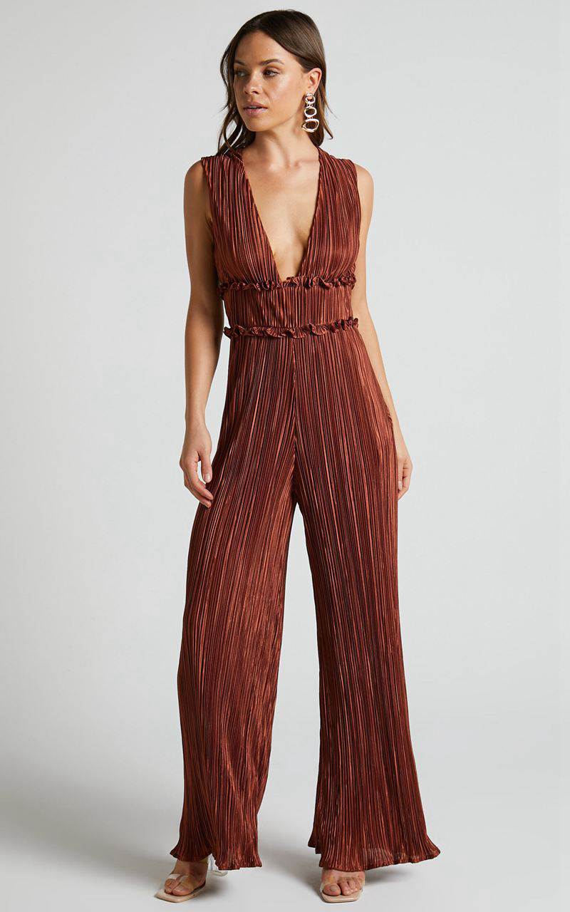 Showpo Armida Jumpsuit - Plunge Neck Wide Leg Plisse Jumpsuit Copper | PBQJOC709