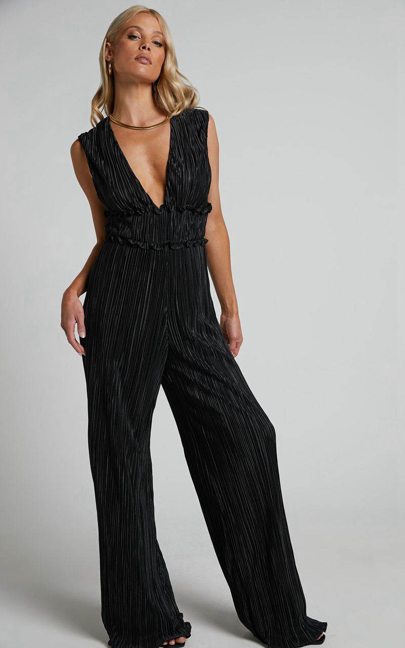 Showpo Armida Jumpsuit - Plunge Neck Wide Leg Plisse Jumpsuit Black | DYRCXS156