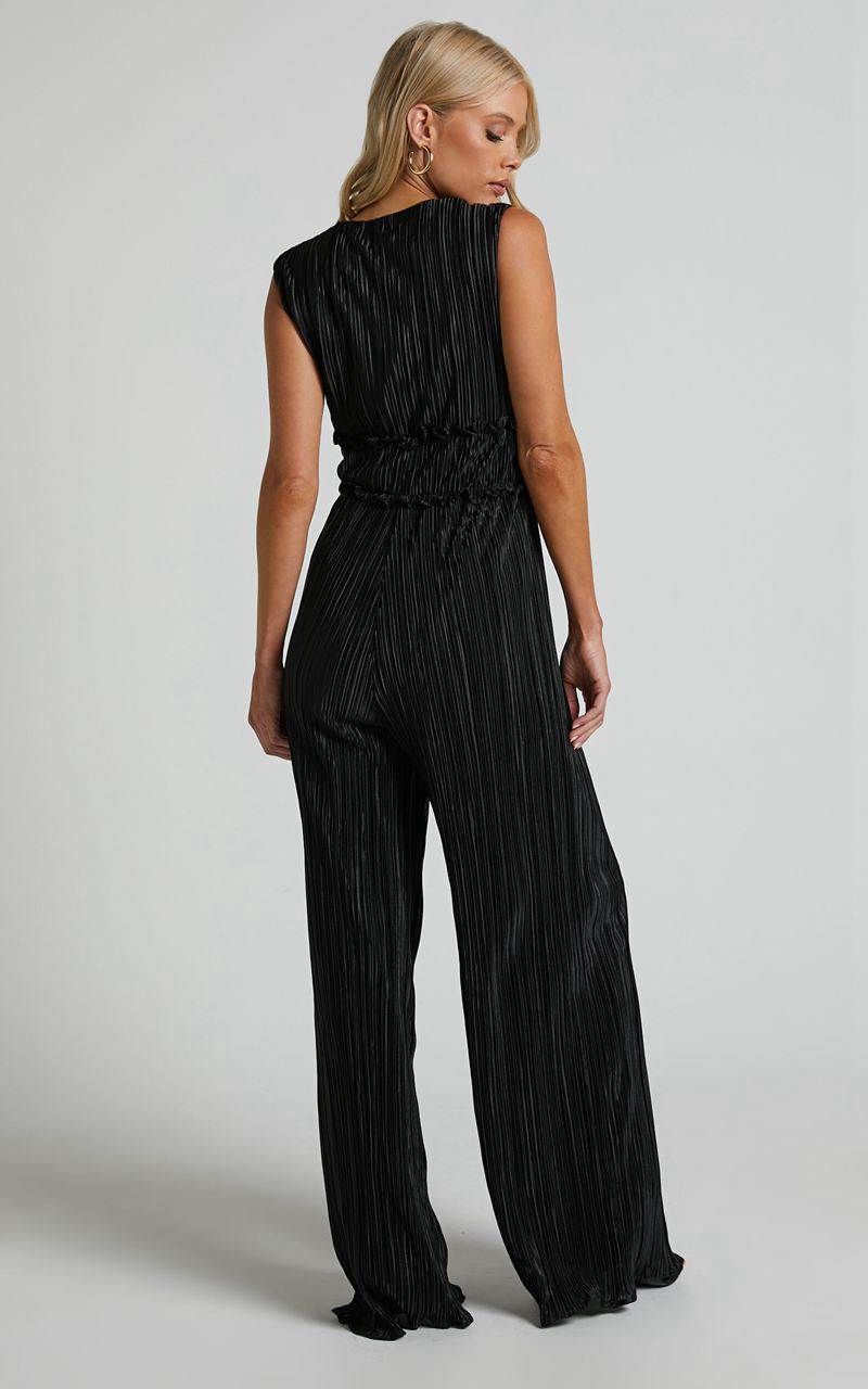 Showpo Armida Jumpsuit - Plunge Neck Wide Leg Plisse Jumpsuit Black | DYRCXS156