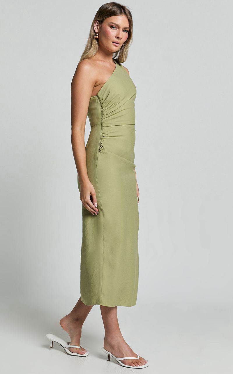 Showpo Arnie Midi Dress - One Shoulder Side Split Dress Matcha Green | VPQGZM158