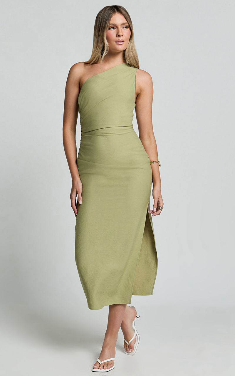 Showpo Arnie Midi Dress - One Shoulder Side Split Dress Matcha Green | VPQGZM158