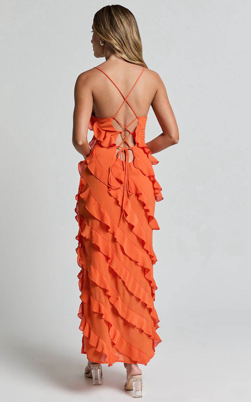 Showpo Arnie Midi Dress - Strapless Ruffle Detail Slip Dress Orange | RUGPAB305