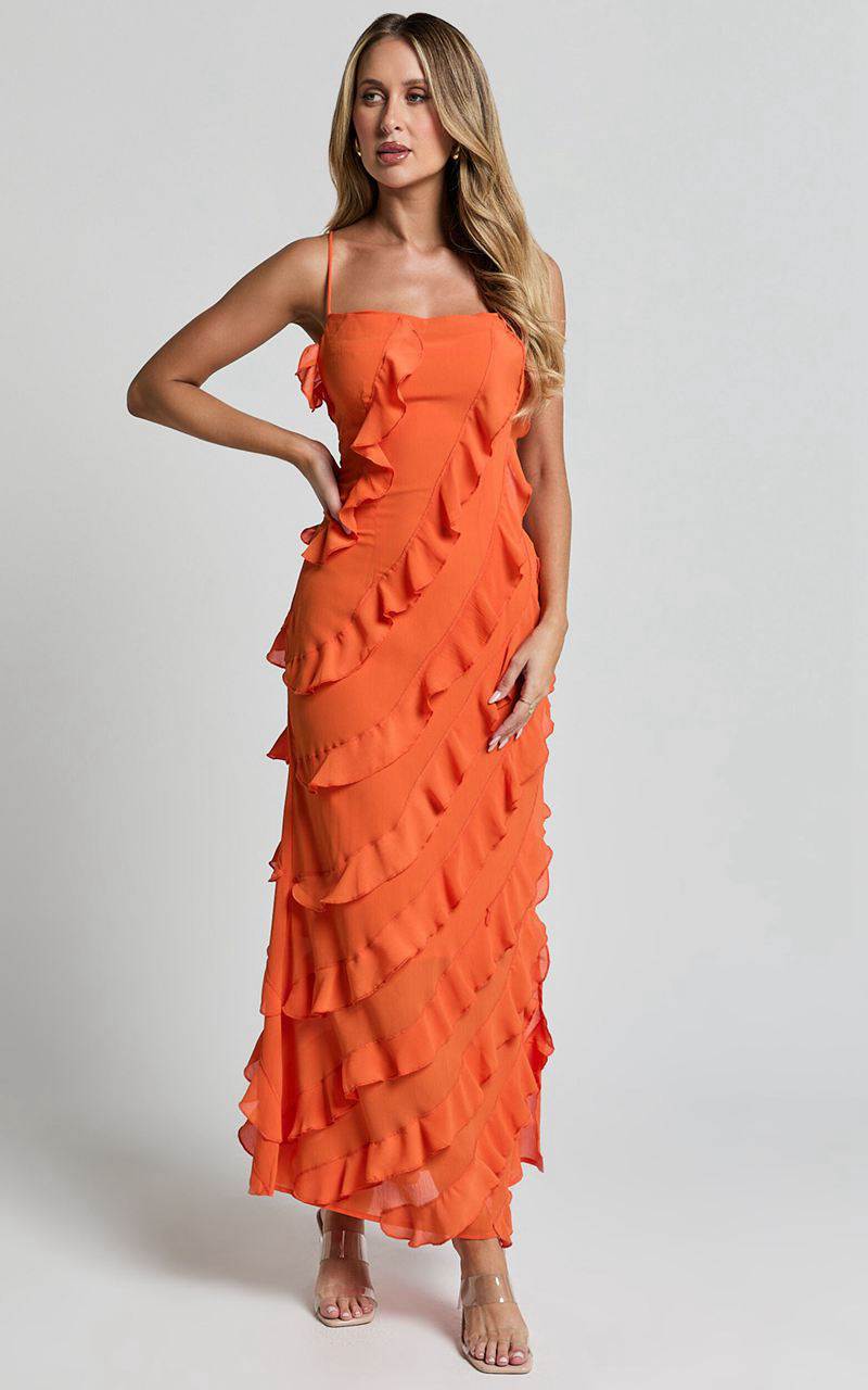 Showpo Arnie Midi Dress - Strapless Ruffle Detail Slip Dress Orange | RUGPAB305