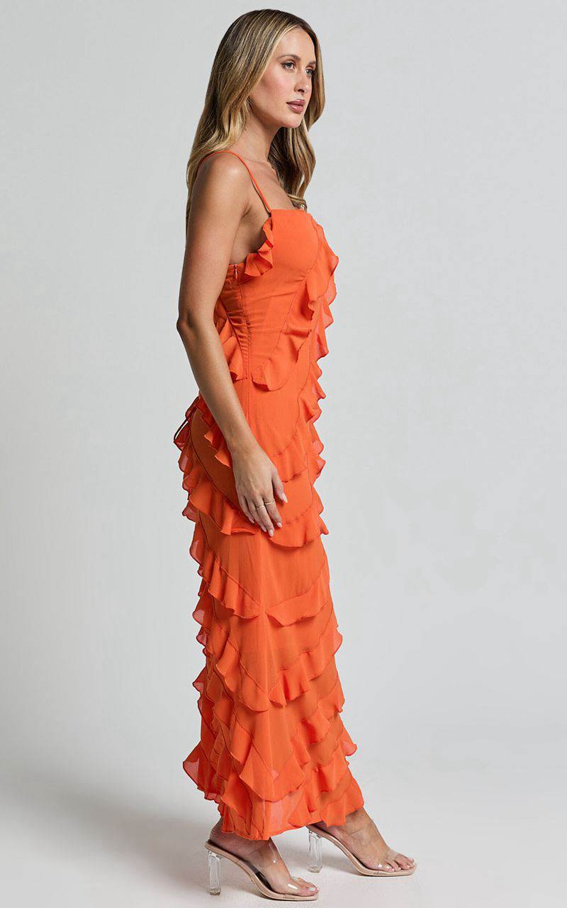 Showpo Arnie Midi Dress - Strapless Ruffle Detail Slip Dress Orange | RUGPAB305