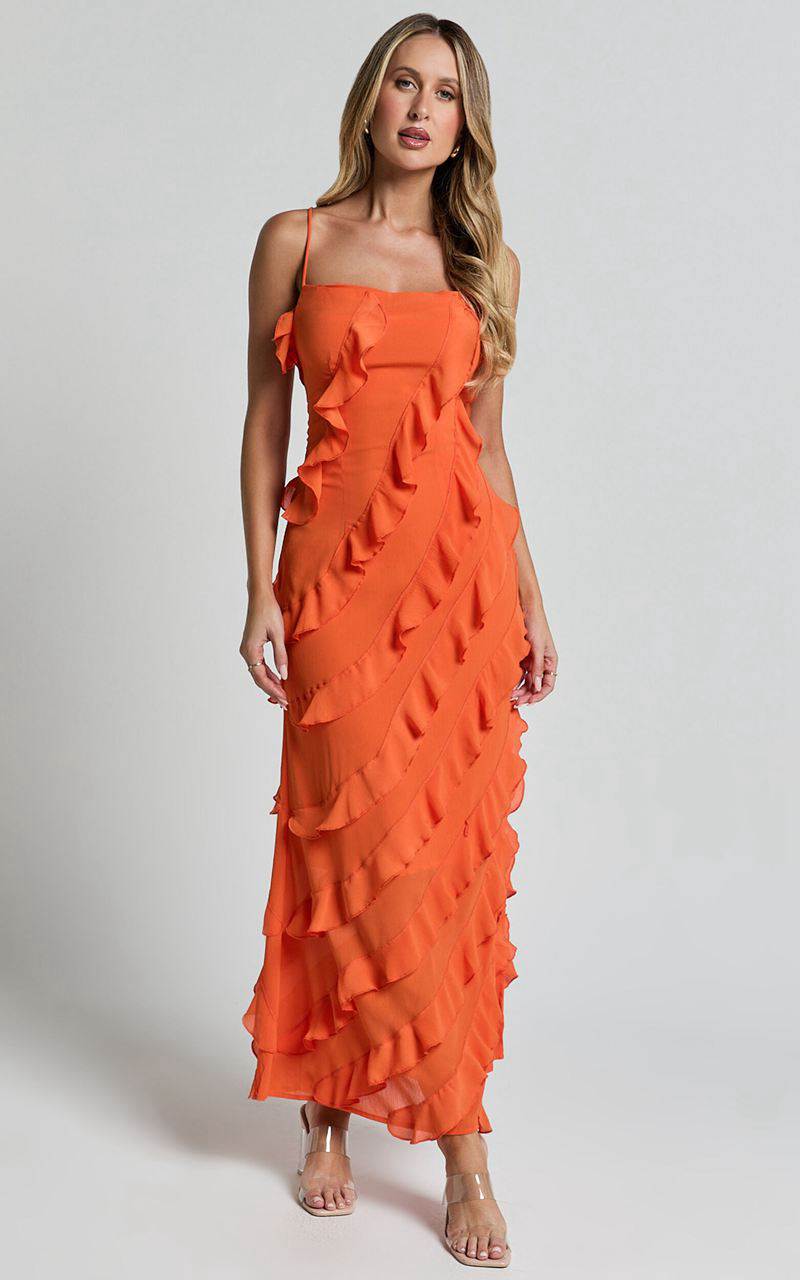 Showpo Arnie Midi Dress - Strapless Ruffle Detail Slip Dress Orange | RUGPAB305