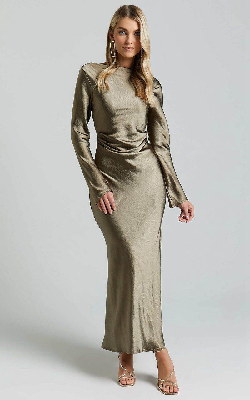 Showpo Arriana Midi Dress - Long Sleeve Cowl Back Satin Dress Olive | TWHFBJ529