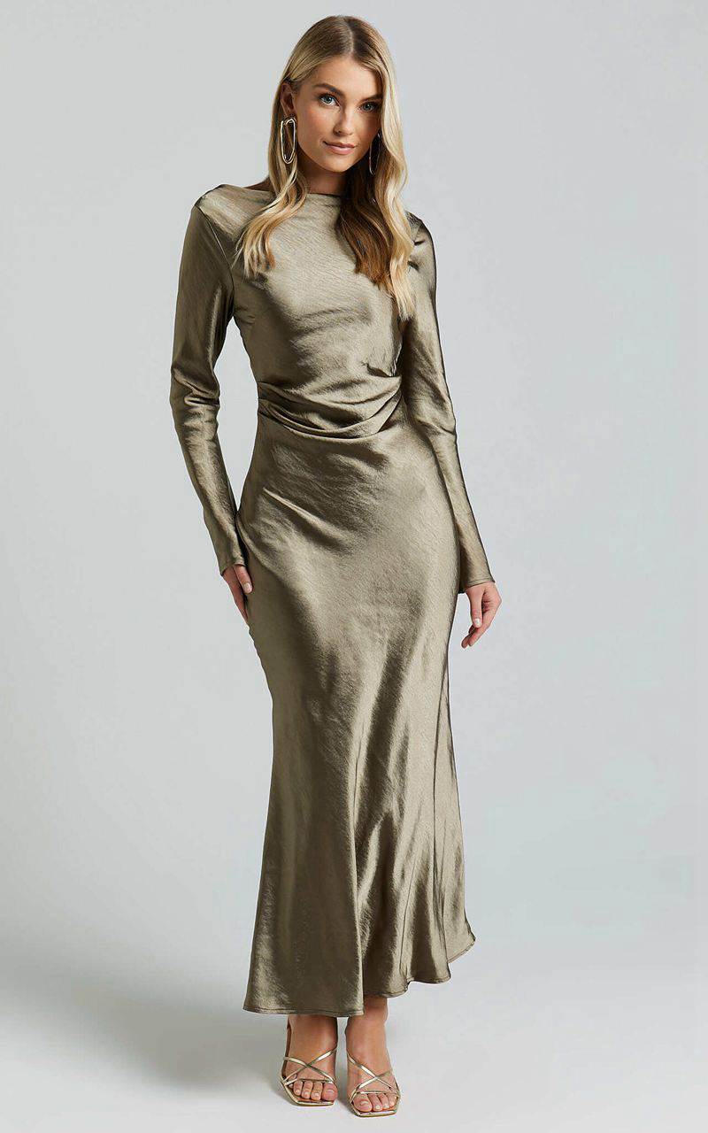 Showpo Arriana Midi Dress - Long Sleeve Cowl Back Satin Dress Olive | TWHFBJ529