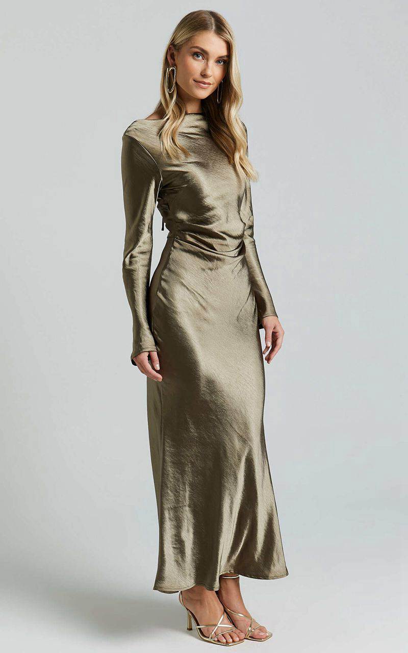 Showpo Arriana Midi Dress - Long Sleeve Cowl Back Satin Dress Olive | TWHFBJ529