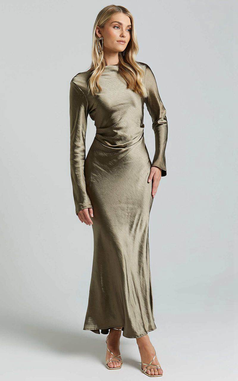 Showpo Arriana Midi Dress - Long Sleeve Cowl Back Satin Dress Olive | TWHFBJ529