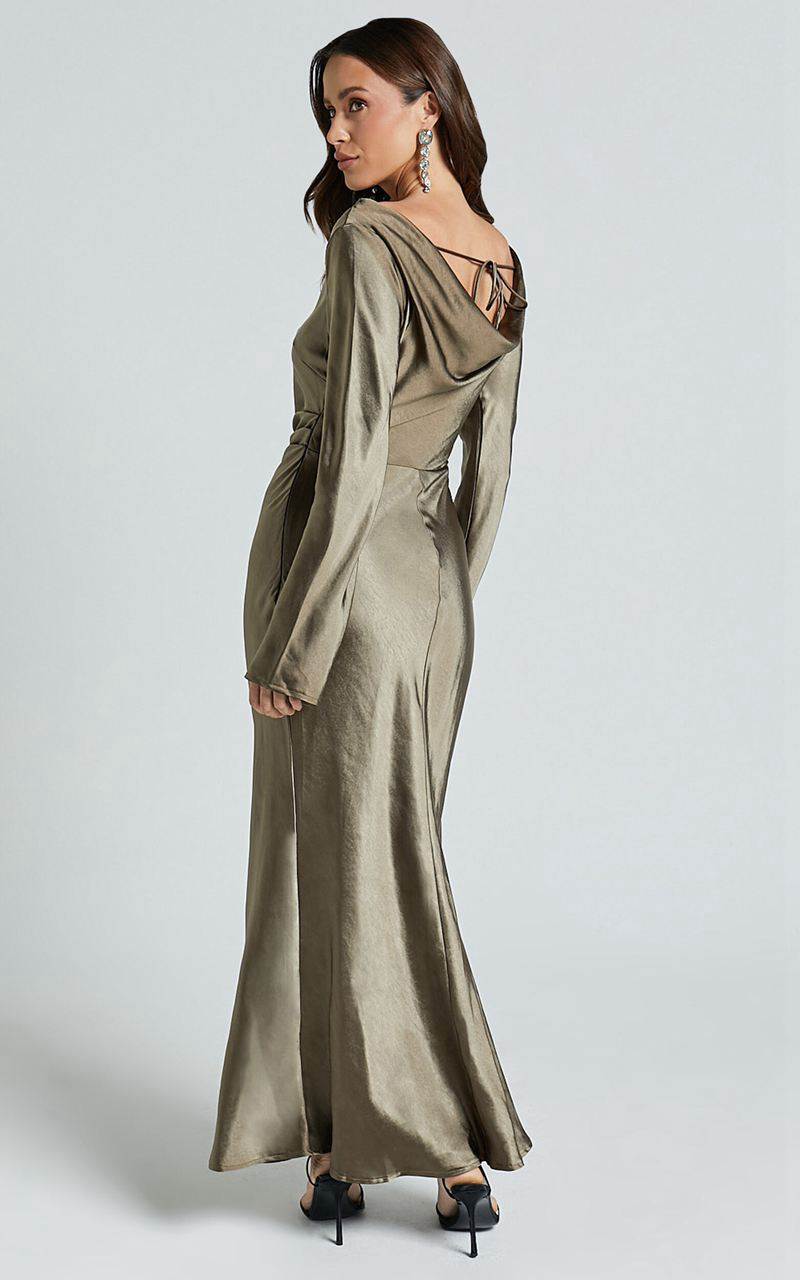 Showpo Arriana Midi Dress - Long Sleeve Cowl Back Satin Dress Dark Olive | JHUKZD304