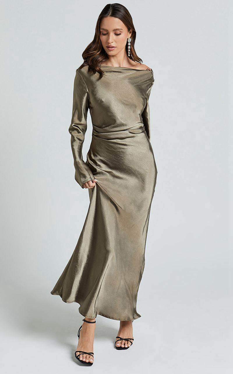 Showpo Arriana Midi Dress - Long Sleeve Cowl Back Satin Dress Dark Olive | JHUKZD304