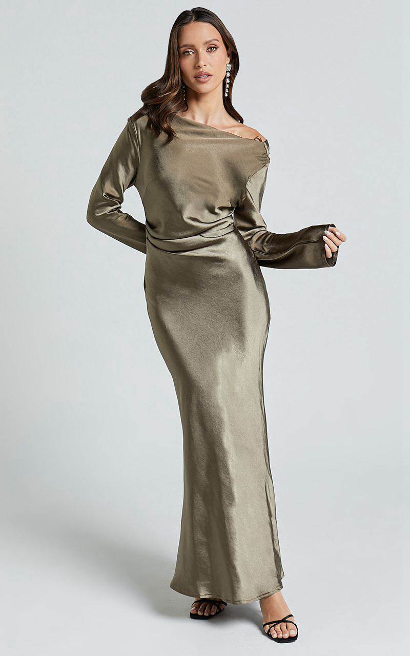 Showpo Arriana Midi Dress - Long Sleeve Cowl Back Satin Dress Dark Olive | JHUKZD304