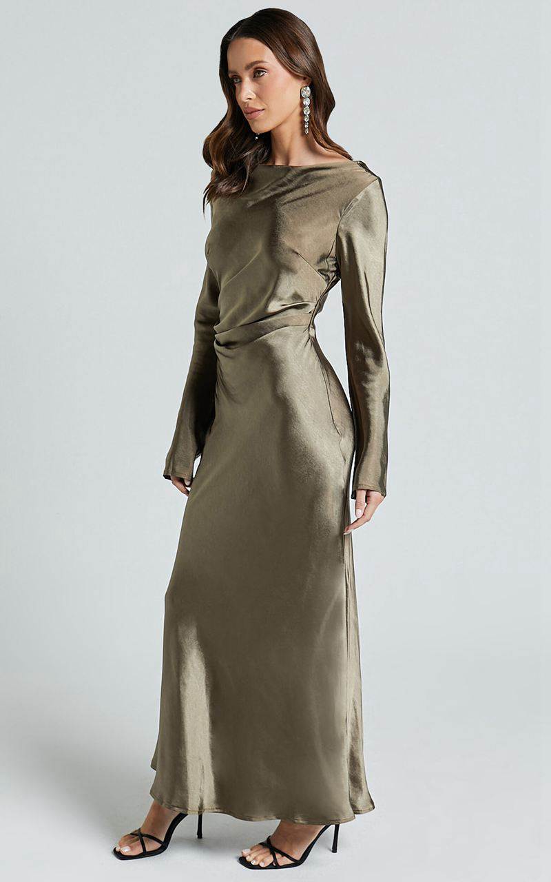 Showpo Arriana Midi Dress - Long Sleeve Cowl Back Satin Dress Dark Olive | JHUKZD304