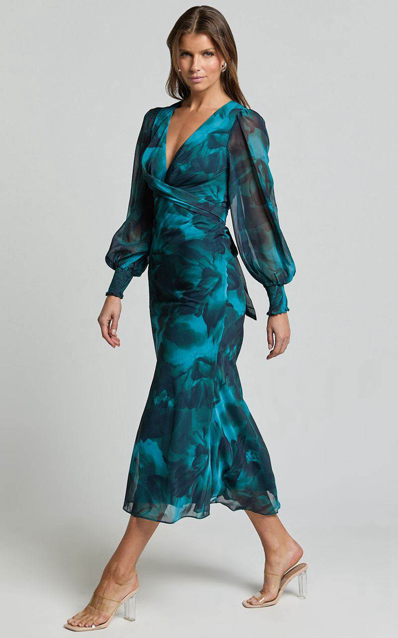 Showpo Artelia Midi Dress - V Neck Long Sleeve Slip Dress Emerald | RZOMBX375