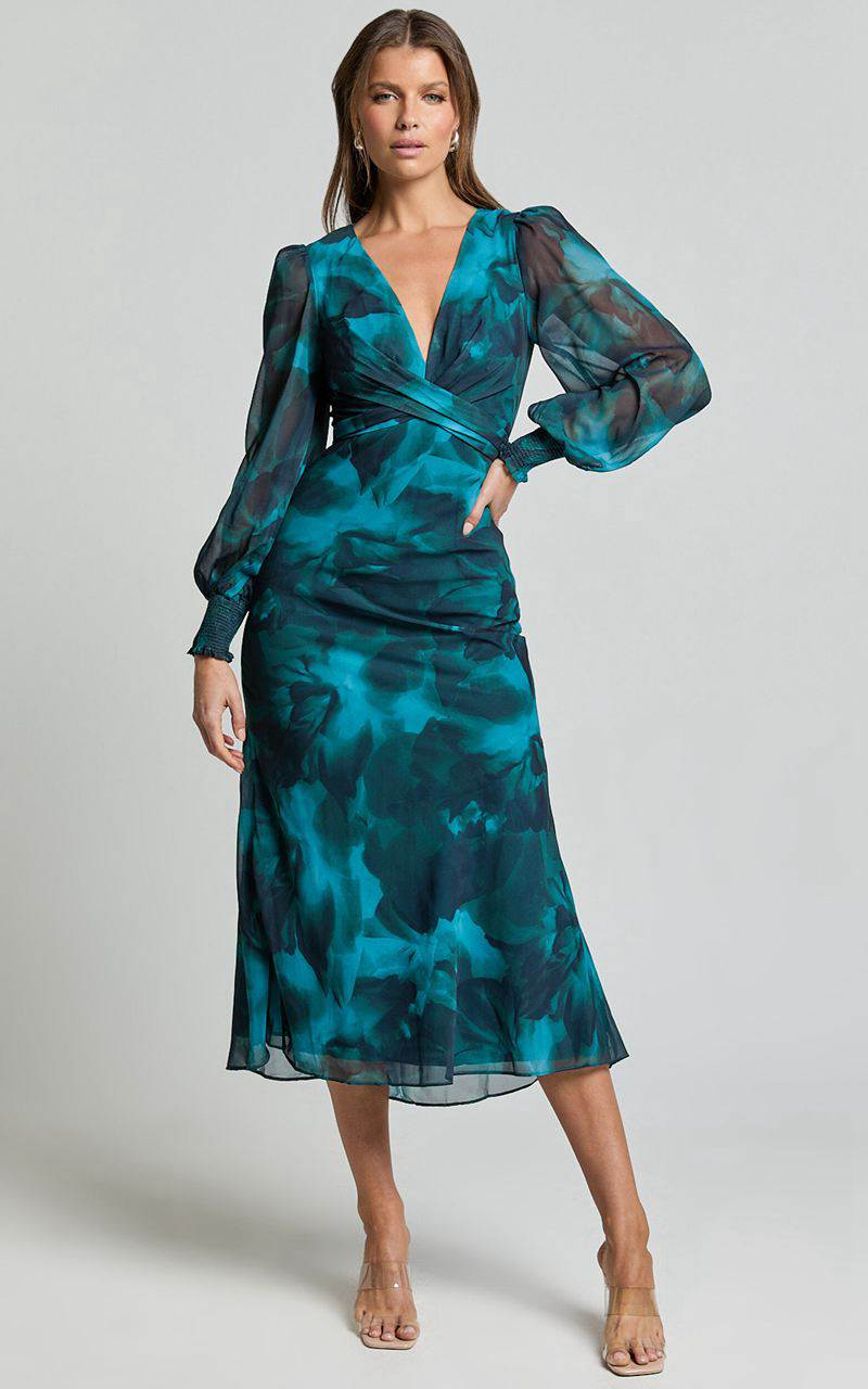 Showpo Artelia Midi Dress - V Neck Long Sleeve Slip Dress Emerald | RZOMBX375