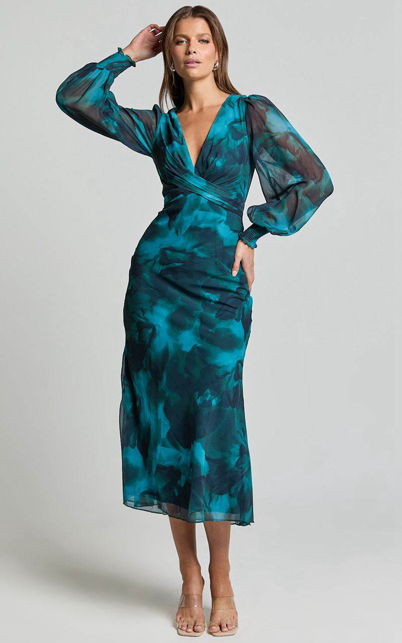 Showpo Artelia Midi Dress - V Neck Long Sleeve Slip Dress Emerald | RZOMBX375