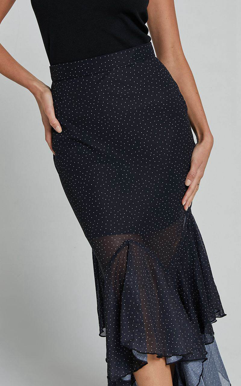 Showpo Artemisia Maxi Skirt - Frill Detail Sheer High Low Skirt Black Polka | HXPRQB123