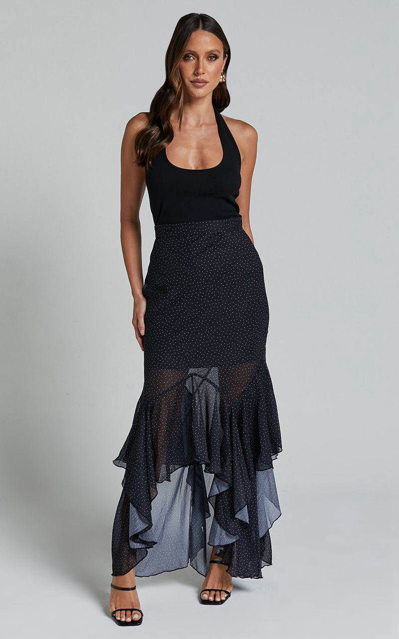 Showpo Artemisia Maxi Skirt - Frill Detail Sheer High Low Skirt Black Polka | HXPRQB123