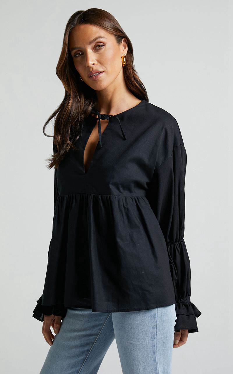 Showpo Arthur Top - Linen Look Long Sleeve V Neck Tiered Top Black | YAONRI594