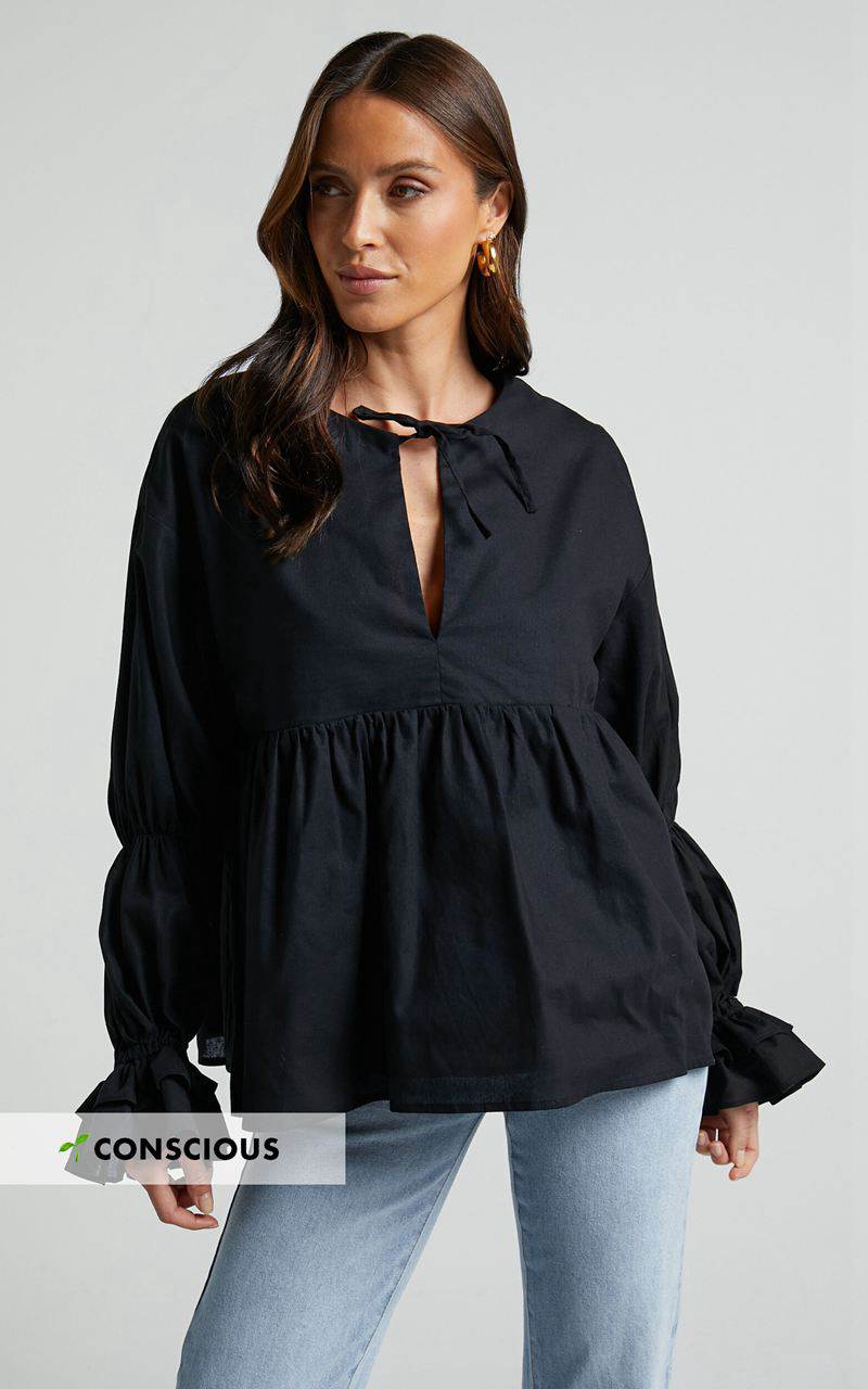 Showpo Arthur Top - Linen Look Long Sleeve V Neck Tiered Top Black | YAONRI594