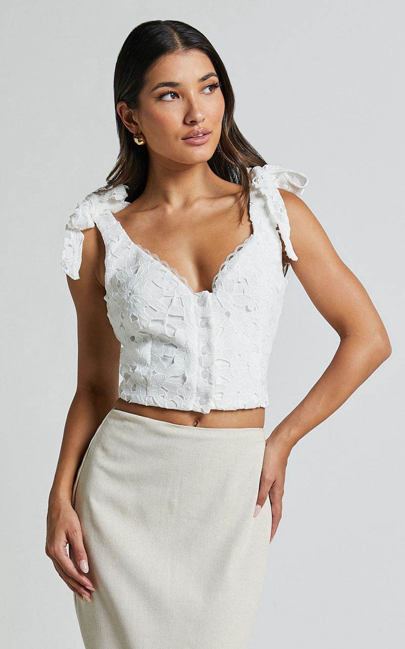 Showpo Artie Top - Tie Shoulder Lace Top White | JKCAVM930