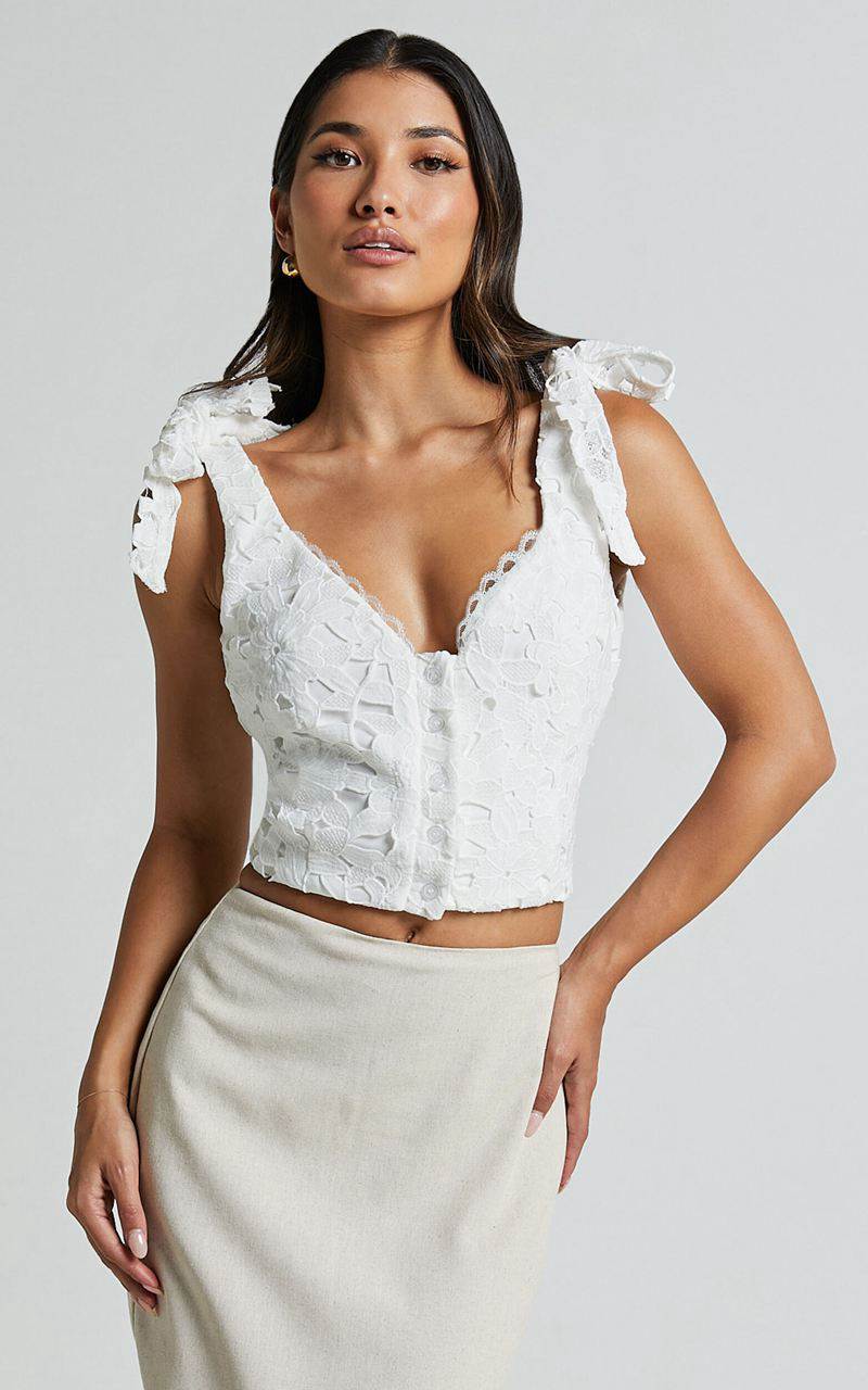 Showpo Artie Top - Tie Shoulder Lace Top White | JKCAVM930