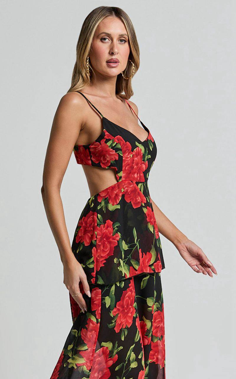 Showpo Ashlee Maxi Dress - Tiered Frill V Neck Open Back Rosette Maxi Dress Black & Red | QUNRAY148