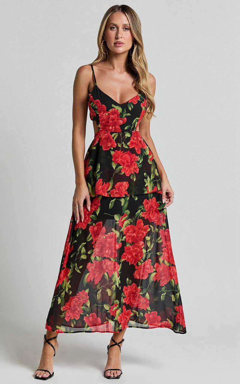 Showpo Ashlee Maxi Dress - Tiered Frill V Neck Open Back Rosette Maxi Dress Black & Red | QUNRAY148