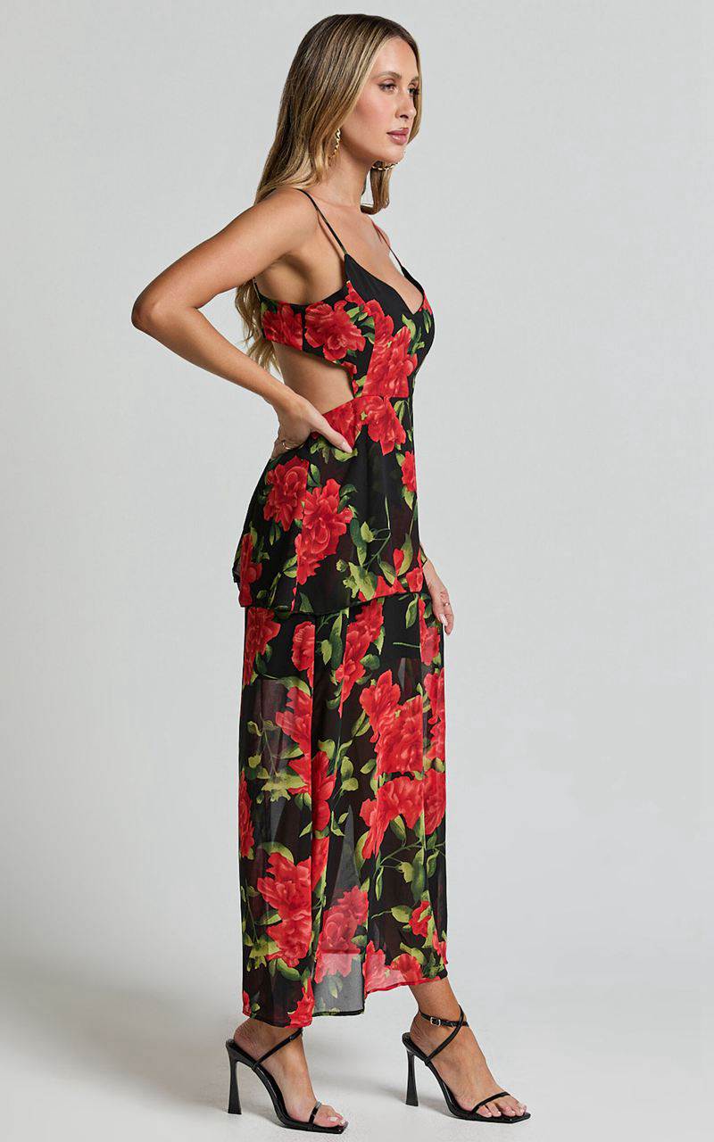 Showpo Ashlee Maxi Dress - Tiered Frill V Neck Open Back Rosette Maxi Dress Black & Red | QUNRAY148