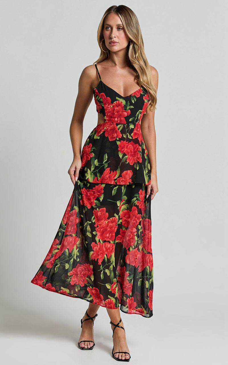 Showpo Ashlee Maxi Dress - Tiered Frill V Neck Open Back Rosette Maxi Dress Black & Red | QUNRAY148