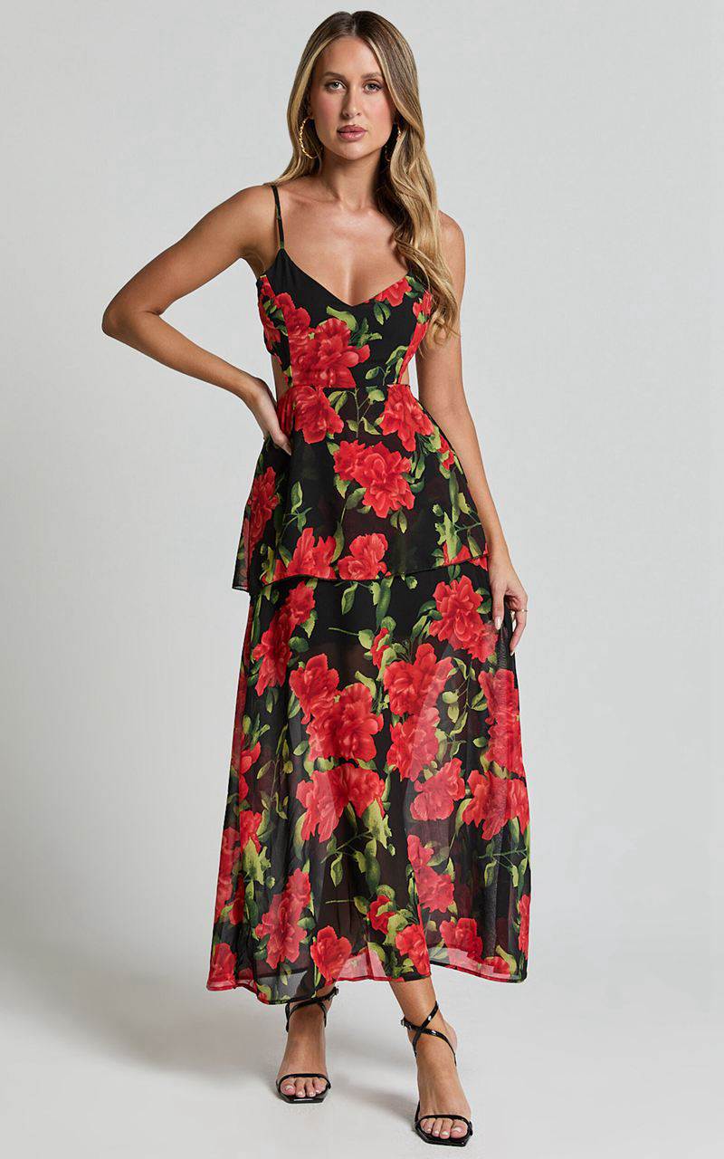 Showpo Ashlee Maxi Dress - Tiered Frill V Neck Open Back Rosette Maxi Dress Black & Red | QUNRAY148