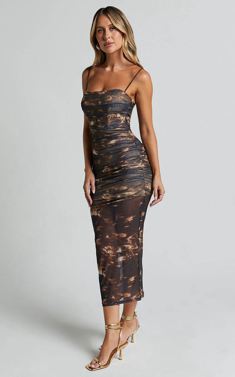 Showpo Ashlyn Midi Dress - Ruched Mesh Strapless Dress Brown | QYBKWC580