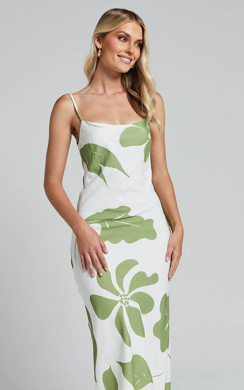 Showpo Ashna Midi Dress - Sleeveless Scoop Neck Slip Dress Green Floral | CILHUY963