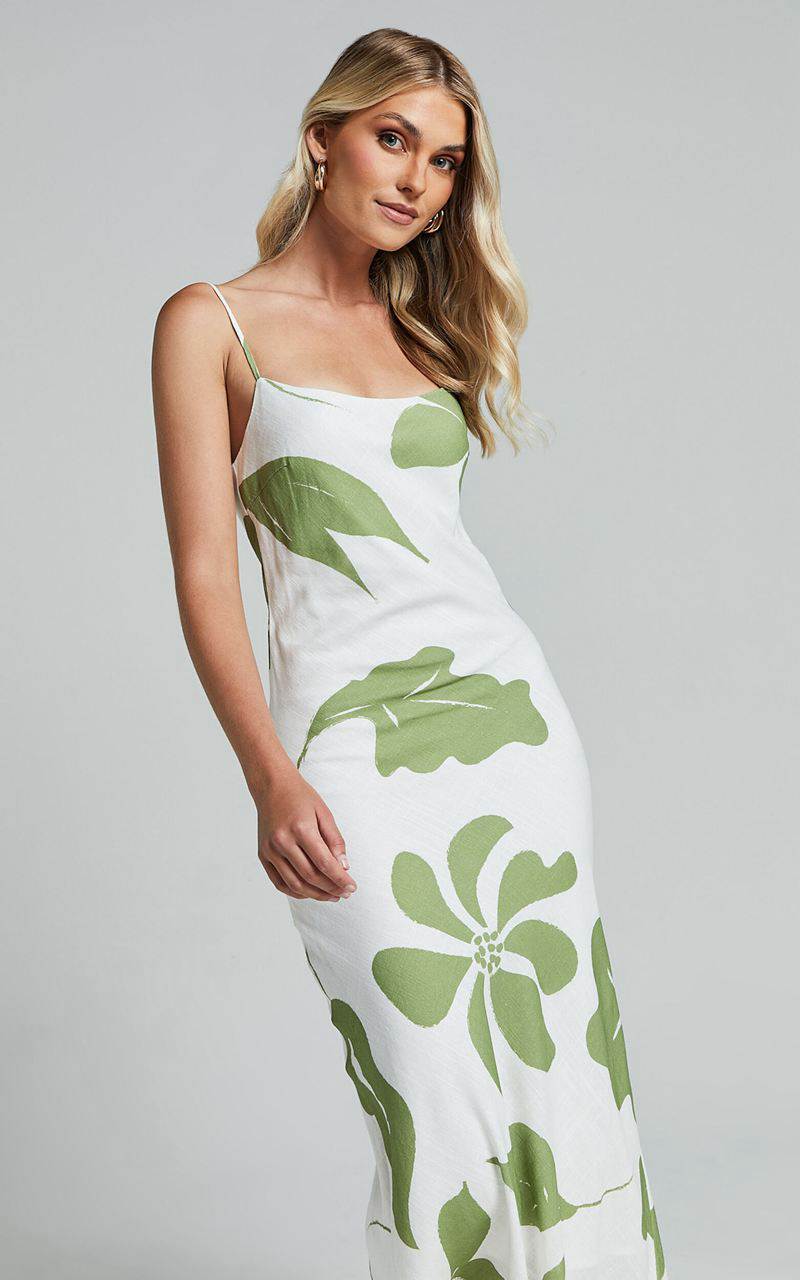 Showpo Ashna Midi Dress - Sleeveless Scoop Neck Slip Dress Green Floral | CILHUY963