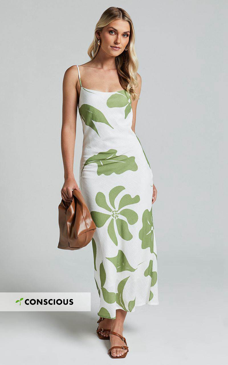 Showpo Ashna Midi Dress - Sleeveless Scoop Neck Slip Dress Green Floral | CILHUY963