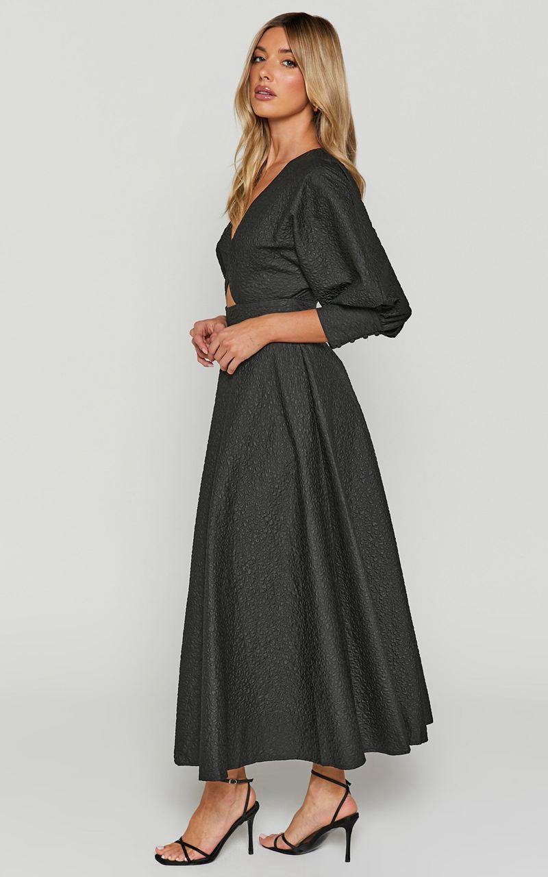 Showpo Ashtina Midi Dress - V Neck Cut Out Puff Sleeve Dress Black | KRNYCH803