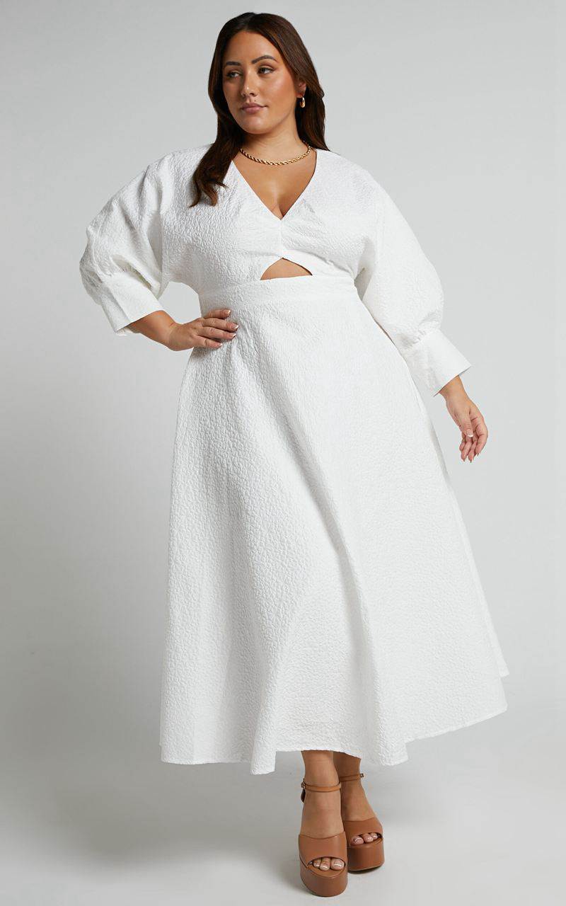 Showpo Ashtina Midi Dress - V Neck Cut Out Puff Sleeve Dress White | TRHNWL375