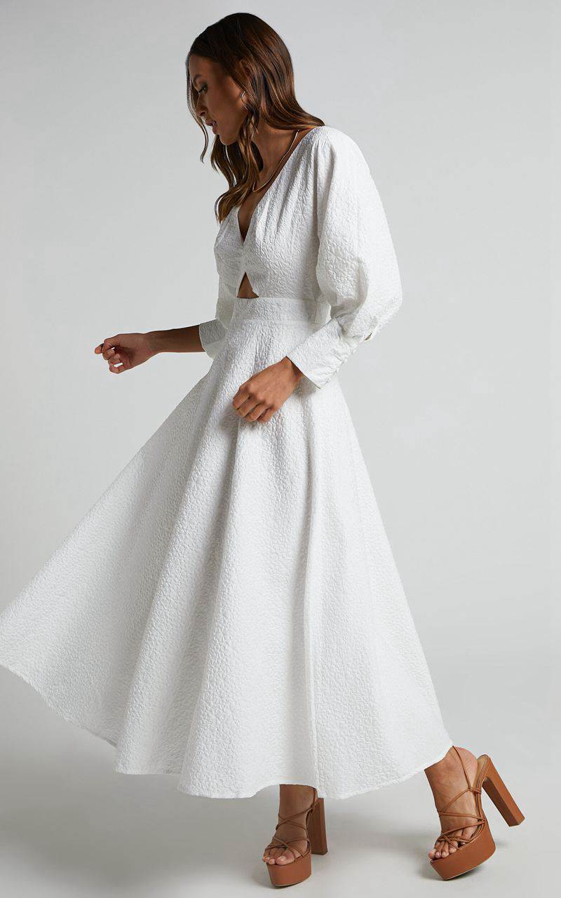 Showpo Ashtina Midi Dress - V Neck Cut Out Puff Sleeve Dress White | TRHNWL375