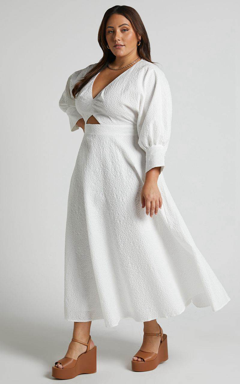 Showpo Ashtina Midi Dress - V Neck Cut Out Puff Sleeve Dress White | TRHNWL375