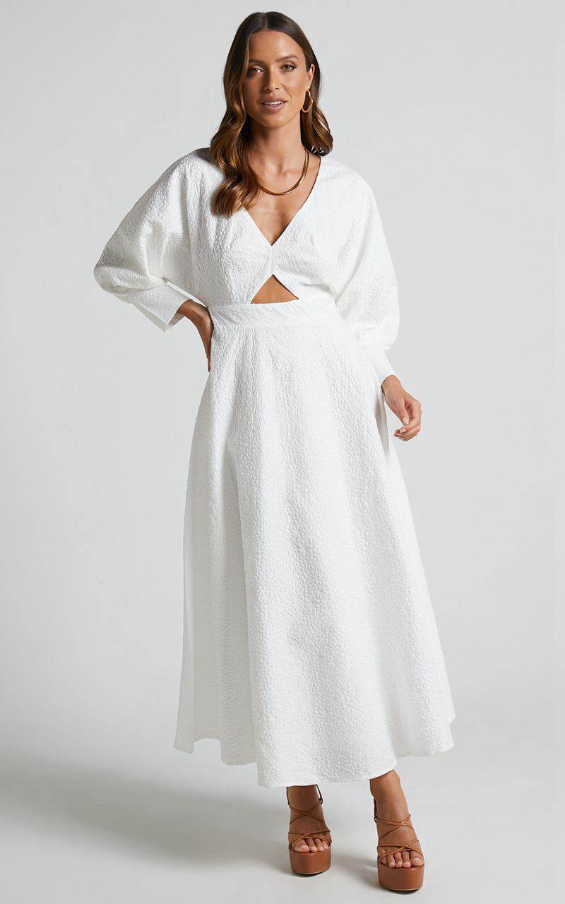 Showpo Ashtina Midi Dress - V Neck Cut Out Puff Sleeve Dress White | TRHNWL375