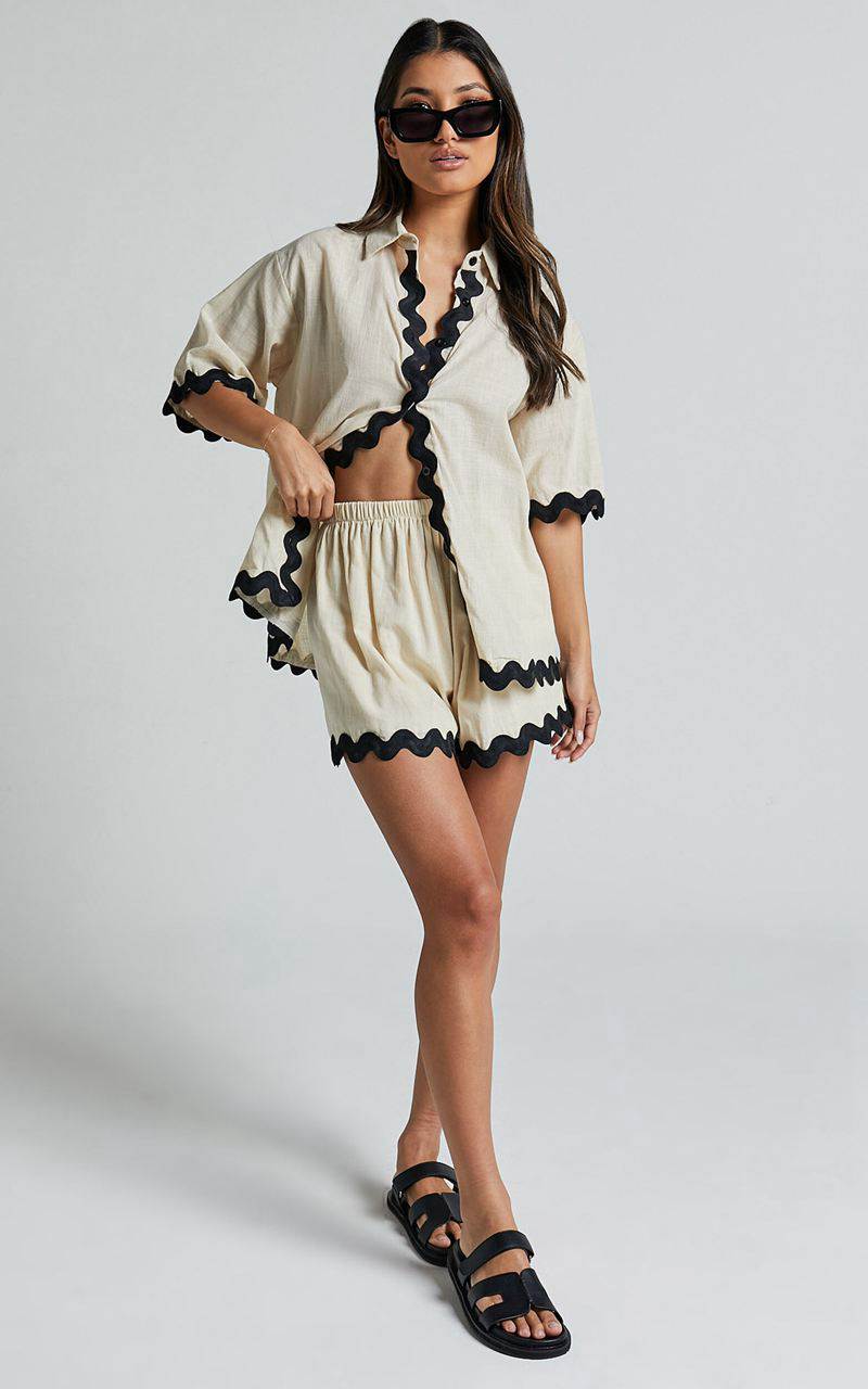 Showpo Asmara Two Piece Set - Scallop Detail Button Up Shirt And Short Two Piece Set Black And Cream | DFVESB329