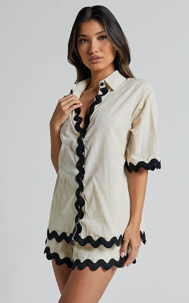 Showpo Asmara Two Piece Set - Scallop Detail Button Up Shirt And Short Two Piece Set Black And Cream | DFVESB329