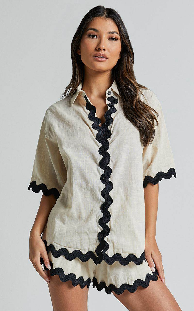 Showpo Asmara Two Piece Set - Scallop Detail Button Up Shirt And Short Two Piece Set Black And Cream | DFVESB329