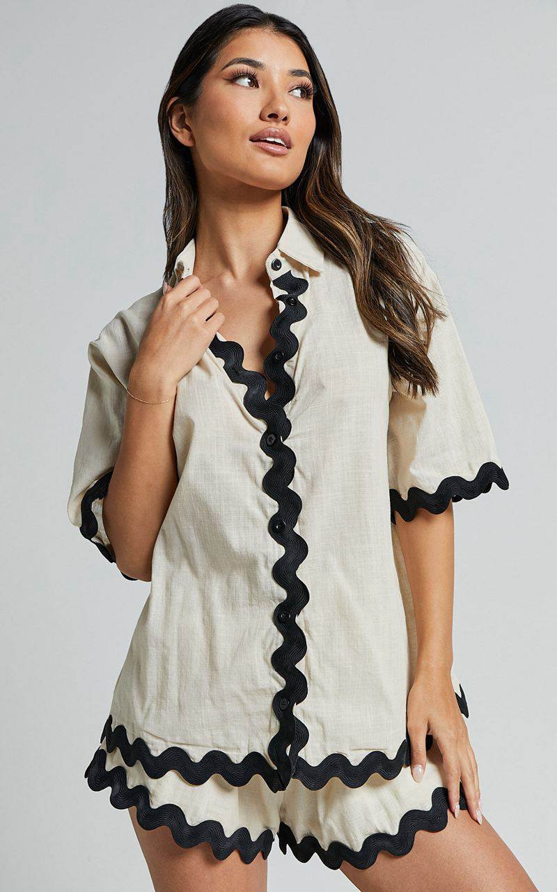 Showpo Asmara Two Piece Set - Scallop Detail Button Up Shirt And Short Two Piece Set Black And Cream | DFVESB329