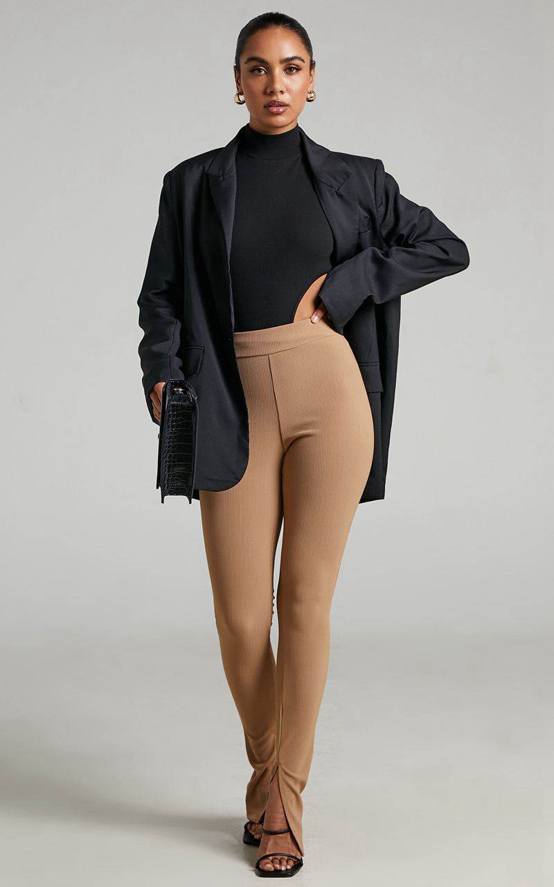 Showpo Aspen Pants - High Waisted Split Hem Jersey Pants Camel | QITAYD502