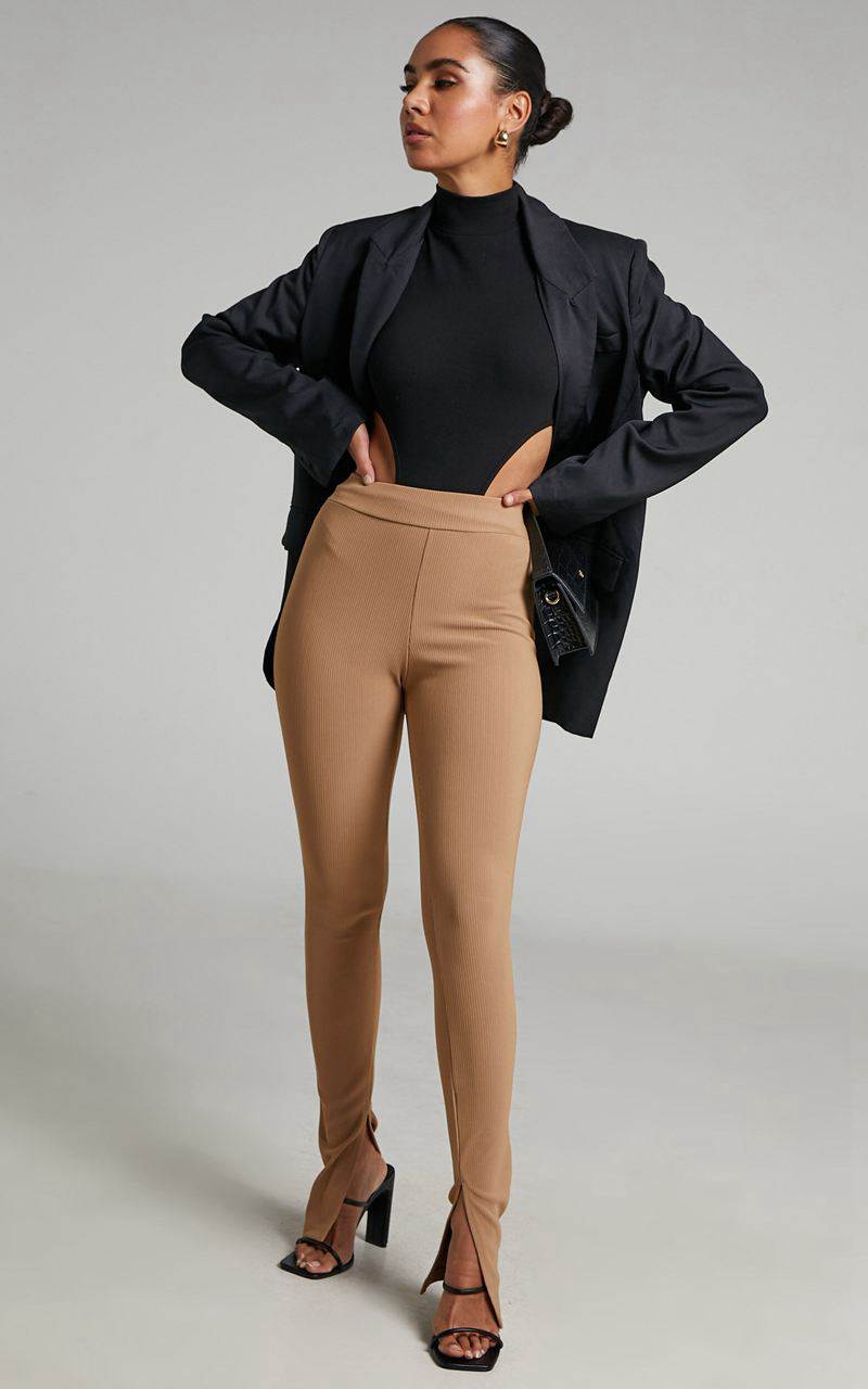 Showpo Aspen Pants - High Waisted Split Hem Jersey Pants Camel | QITAYD502