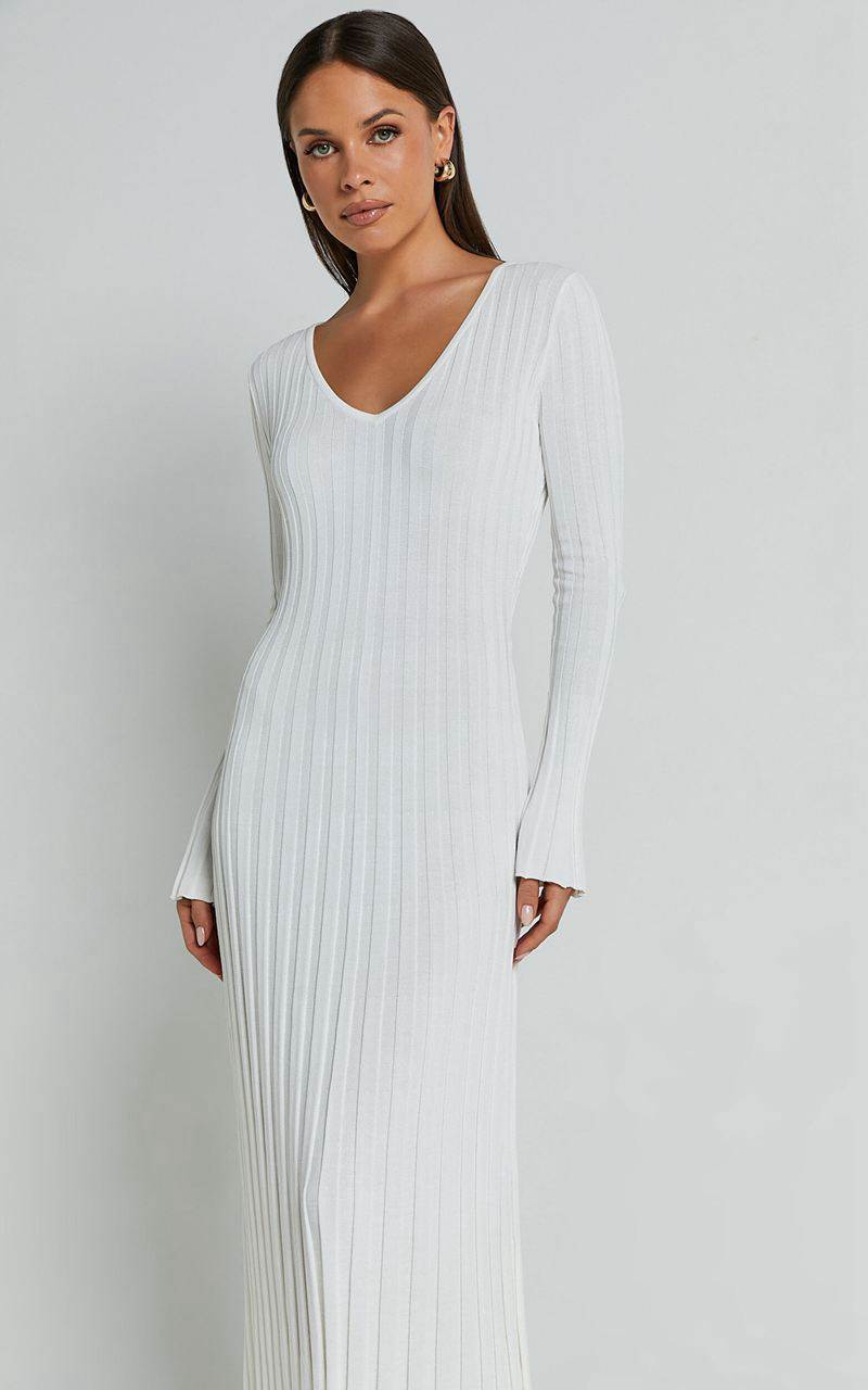 Showpo Astra Midi Dress - V Neck Long Sleeve Knit Dress White | XONSUH984