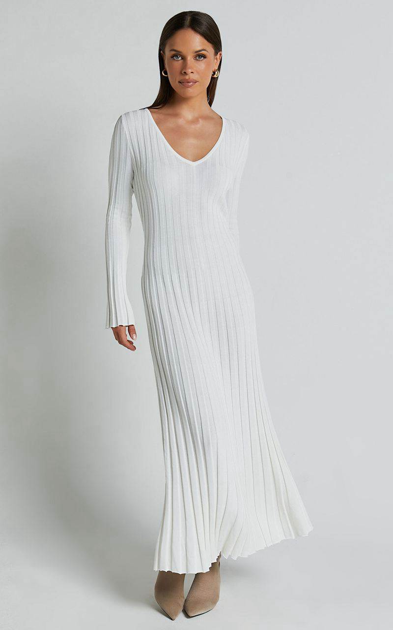 Showpo Astra Midi Dress - V Neck Long Sleeve Knit Dress White | XONSUH984