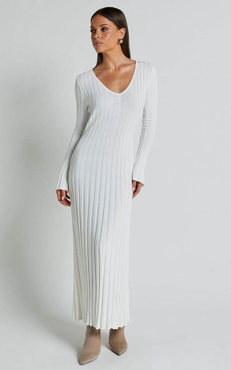 Showpo Astra Midi Dress - V Neck Long Sleeve Knit Dress White | XONSUH984